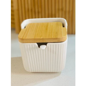 Bambu Kapaklı Porselen Tuz Kabı Porselen Kaşıklı 1 Adet