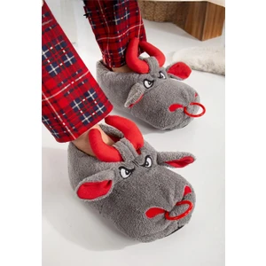 Unisex Figürlü Kaymaz ve Ses Yapmaz Taban Ev Panduf Gri - Kırmızı