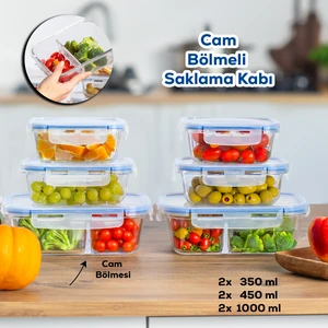 Por Kilitli Sızdırmaz Kapaklı Çok Amaçlı Cam 6lı Erzak Yiyecek Saklama Kabı Seti - 1000-450-350 ml
