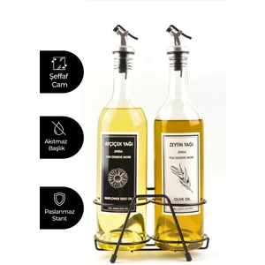 Şeffaf 750 ml Siyah Beyaz Etiketli Siyah Standlı Akıtıcılı Yağlık Yağdanlık