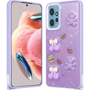 Xiaomi Redmi Note 12 4g Kılıf Parlayan Sıvılı Simli Kabartma Figürlü Zore Cevze Kapak-Mor Ayı