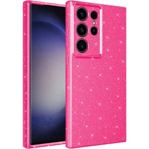 Galaxy S23 Ultra Kılıf Kamera Korumalı Simli Lüks Zore Koton Kapak-Pembe Koyu