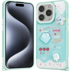 Apple iPhone 15 Pro Kılıf Parlayan Sıvılı Simli Kabartma Figürlü Zore Cevze Kapak-Yeşil