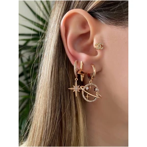 Su Perisi Takı Bijuteri Kadın Gold Rengi Gezegen Charm Detaylı 3’lü Küpe Seti