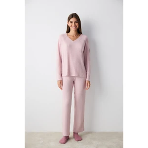 Dusty Pink Gül Kurusu Pembe Pantolon Pijama Takımı