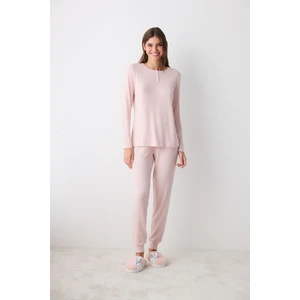 Pink Soft Gül Kurusu Pembe Pantolon Pijama Takımı