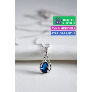 Safir Mavi Renkli Taşlı 18 Ayar Beyaz Altın Kaplama Mavi Gümüş Damla Kolye 925 Ayar Gümüş Kadın Kolye | Bayan Zirkon Mavi Taşlı Su Damlası Altın Kaplama Damla Kadın Gümüş Kolye