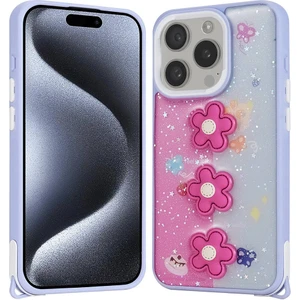Apple iPhone 15 Pro Kılıf Parlayan Sıvılı Simli Kabartma Figürlü Zore Cevze Kapak-Mor Papatya