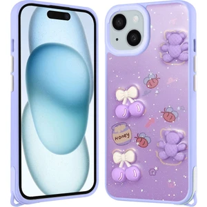 Apple iPhone 15 Plus Kılıf Parlayan Sıvılı Simli Kabartma Figürlü Zore Cevze Kapak-Mor Ayı