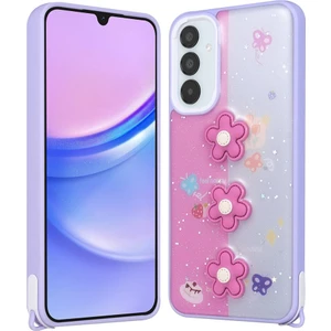 Galaxy A05S Kılıf Parlayan Simli Kabartma Figürlü Zore Cevze Kapak-Mor Papatya