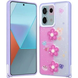 Xiaomi Redmi Note 13 Pro 5g Kılıf Parlayan Sıvılı Simli Kabartma Figürlü Zore Cevze Kapak-Mor Papatya