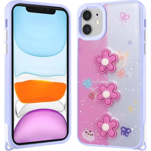 Apple iPhone 11 Kılıf Parlayan Sıvılı Simli Kabartma Figürlü Zore Cevze Kapak-Mor Papatya