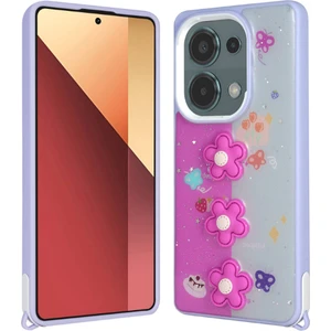 Xiaomi Redmi Note 13 Pro 4g Kılıf Parlayan Simli Kabartma Figürlü Zore Cevze Kapak-Mor Papatya
