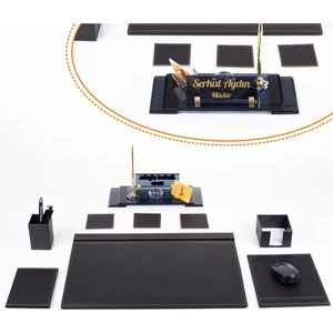 Kişiye Özel Kabartma Kristal Masa İsimliği ve Deri Sümen Takımı Siyah 7 Parça 30x11 cm