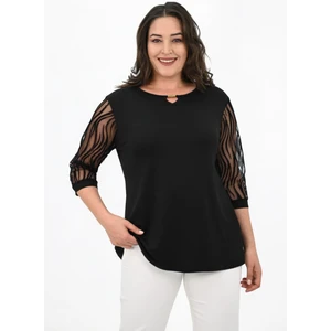 Koza Butik Kadın Büyük Beden Tül Detaylı Aksesuar Yaka Bluz 1864-25