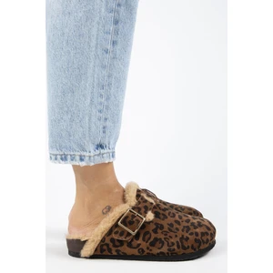 (Zeta 2 Kürklü Leopar) Kadın  Deri Kemerli Tokalı Sabo Taba Terlik