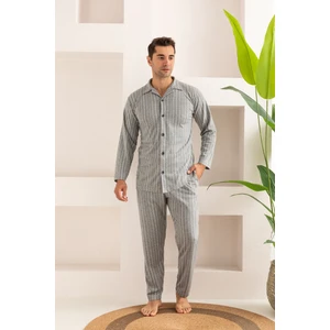 Erkek Jakarlı Düğmeli Pamuk Pijama Takımı- Çizgili Erkek Pijama