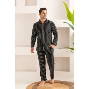 Erkek Jakarlı Düğmeli Pamuk Pijama Takımı- Çizgili Erkek Pijama