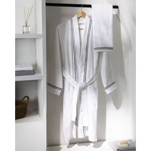 Madame Coco Rouen  Pamuk Unisex Bornoz - Beyaz/Lacivert - Lüks Koleksiyon