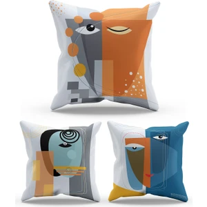 Çift Tarafı Baskılı Face Art Desenli 3'lü Kombin Süet Kırlent Kılıfı