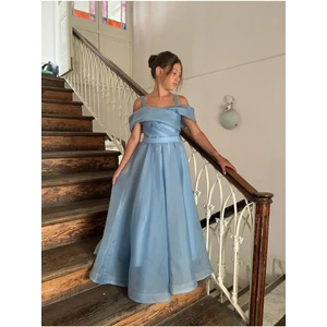 Butik Happy Kids Kız Çocuk Uzun Mavi Askılı Şifon Abiye Elbise 10-14 Yaş