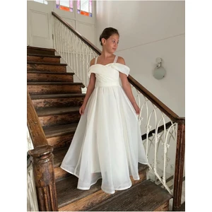 Butik Happy Kids Kız Çocuk Uzun Beyaz Askılı Şifon Omuz Detaylı Abiye Elbise 10-14 Yaş