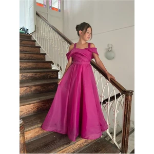 Butik Happy Kids Kız Çocuk Uzun Fuşya Askılı Şifon Abiye Elbise 10-14 Yaş