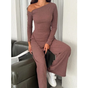 Kadın Düşük Omuz Drape Detay Bürümcük Bluz Pantolon Takımı
