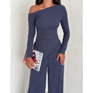 Kadın Düşük Omuz Drape Detay Bürümcük Bluz Pantolon Takımı