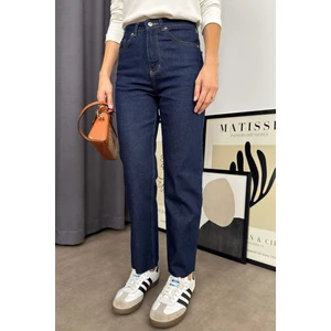 Lacivert Boyfit Kesik Paça Jean