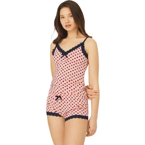 Pembe Lacivert Puantiyeli İnce Askılı Şortlu Pamuklu Pijama Takımı