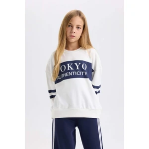 Kız Çocuk Oversize Geniş Kalıp Bisiklet Yaka Baskılı Sweatshirt