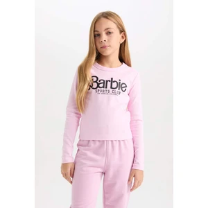 Kız Çocuk Barbie Cropped Fit Bisiklet Yaka Baskılı Fitilli Kaşkorse Uzun Kollu Tişört D2831A824AU
