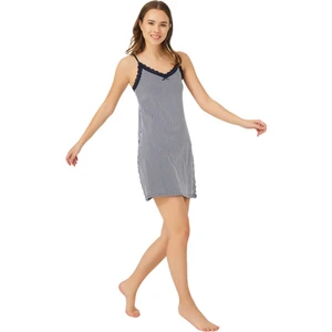 Lacivert Beyaz Çizgili İnce Askılı Pamuklu Kadın Gecelik