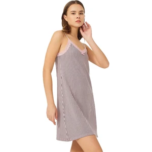 Pembe Füme Çizgili İnce Askılı Pamuklu Kadın Gecelik