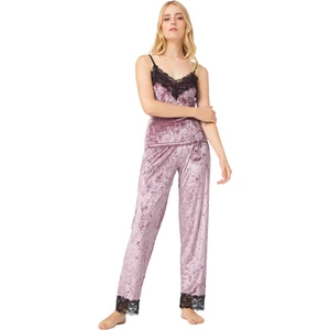 Pudra Dantel Detaylı Kadife Kadın Pijama Takımı