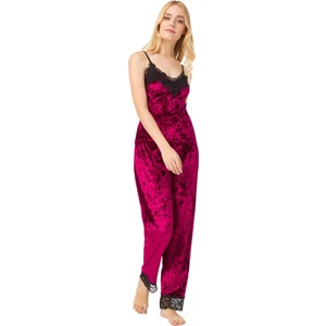 Vişne Dantel Detaylı Kadife Kadın Pijama Takımı