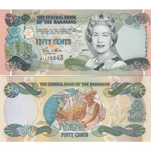 3Alp Koleksiyon Bahama 50 Cent, 1/2 Dolar, 2001, P#68, Kraliçe, Iı. Elizabeth, Çil, Eski Yabancı Kağıt Para