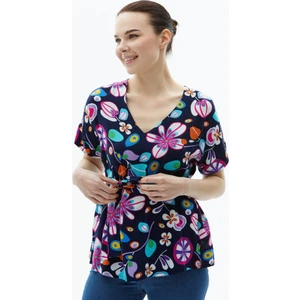 V Yaka Düşük Kol Nazar Desen Bluz