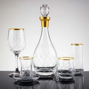 61 Parça 12 Kişilik Kareçubuk Gold El Dekor Kesme Cam Su Takımı