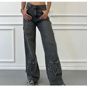 Pass&pass 2424 Kadın Yıldız Detaylı Baggy Jeans Kot Denim Pantolon - Gri