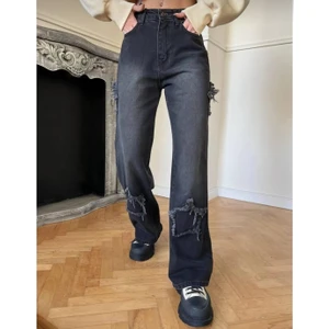 Pass&pass 2424 Kadın Yıldız Detaylı Baggy Jeans Kot Denim Pantolon - Siyah