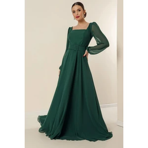 Kare Yaka Beli Kemerli Astarlı Şifon Uzun Abiye