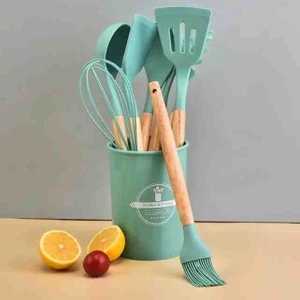 12 Parça Bambu Saplı Silikon Spatula Kepçe Pratik Mutfak Seti