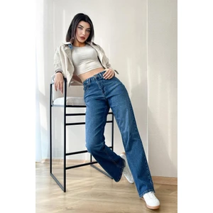 Hlt Jeans Mavi Kadın Wide Leg Jean Yüksek Bel Palazzo Likralı Esnek Kot Pantolon Jessica-Açmavi