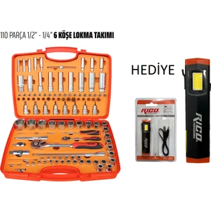 6 Köşe Lokma Takımı Seti 1/2-1/4 110 Parça Rico Şarjlı Mini Lamba
