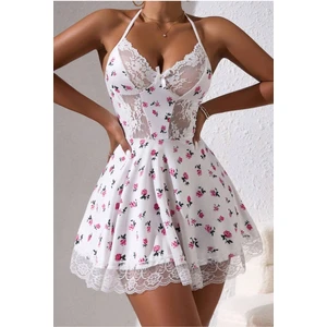 Bella Notte Romantik  Boyundan Bağlamalı Baskılı Gecelik