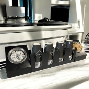 4 Bölmeli Karton Bardaklık ve 2' Li Tek Yuvalı Karistirici ve Şeker Endüstriyel Mutfak Kahve Aksesuar Düzenleyici Siyah Çok Bölmeli Kafe/ofis Kahve Standı