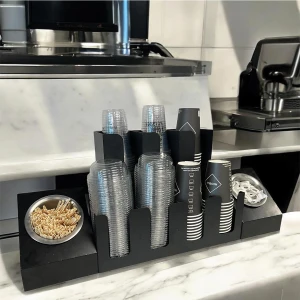 3 ve 4 Bölmeli Karton Bardaklık + 2' Li Tek Yuvalı  Karistirici ve Şeker Endüstriyel Mutfak Kahve Aksesuar Düzenleyici Siyah Çok Bölmeli Kafe/ofis Kahve Standı