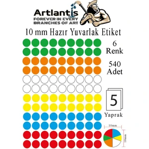 10 mm Renkli Hazır Yuvarlak Etiket 540 Lı 1 Paket Mix Color Ofis Etiketleri 127 Kendinden Yapışkanlı Nokta Etiket